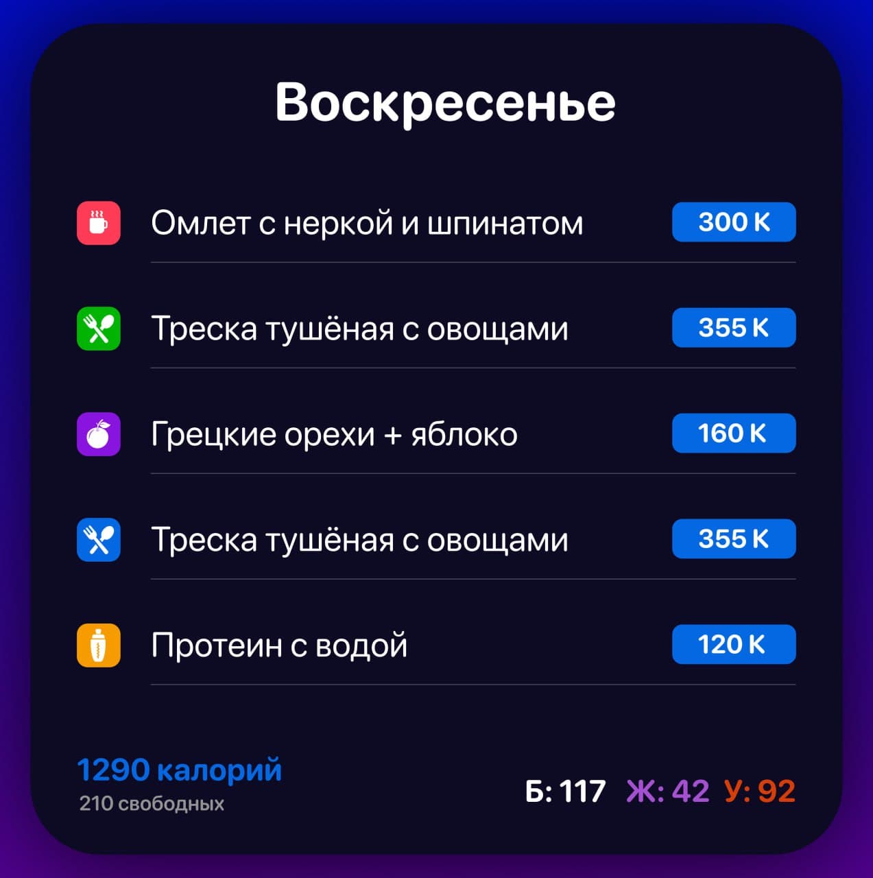 Суббота - рационы на день